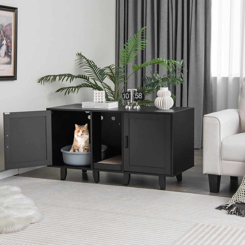 Mobile Lettiera per Gatti con 2 Ante, Armadio per Gatto in Legno con Ingresso Centrale e Tiragraffi, Grotta Rifugio Multiuso per Soggiorno e Camera da Letto, 120 x 52 x 65 cm (Nero)