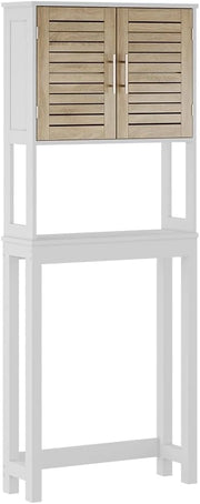 Armadietto per toilette Looma, Bianco/quercia, 70 x 180 cm con 2 scomparti chiusi, utilizzabile come armadio sovrapponibile per lavatrice o WC