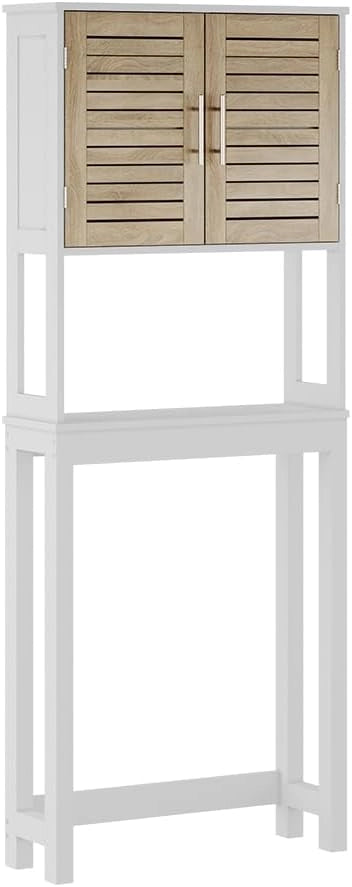 Armadietto per toilette Looma, Bianco/quercia, 70 x 180 cm con 2 scomparti chiusi, utilizzabile come armadio sovrapponibile per lavatrice o WC