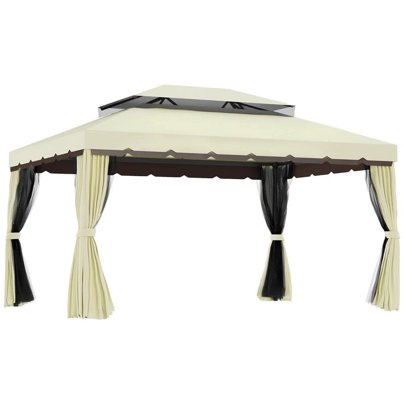 GAZEBO DA GIARDINO 4X3 M CON ZANZARIERA E TENDE, TETTO DOPPIO E RIVESTIMENTO ANTI-UV, CREMA