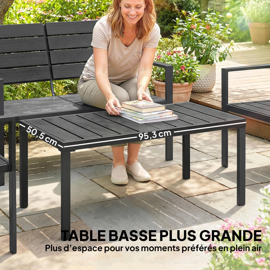 Set salotto da giardino 4 pezzi in HDPE nero con divano 2 posti, 2 poltrone e tavolino da caffe, resistente per terrazzo e veranda