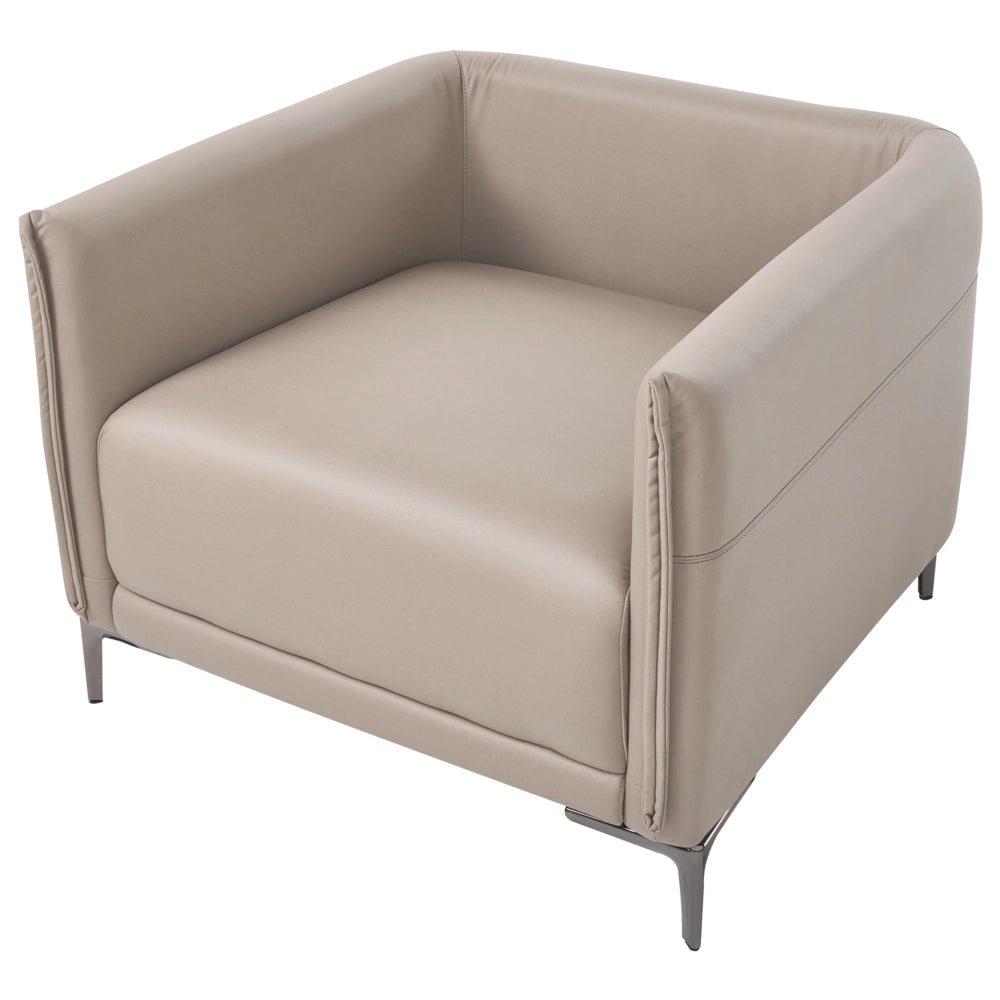 Poltrona tortora imbottita in tessuto con gambe in metallo stile moderno minimalista