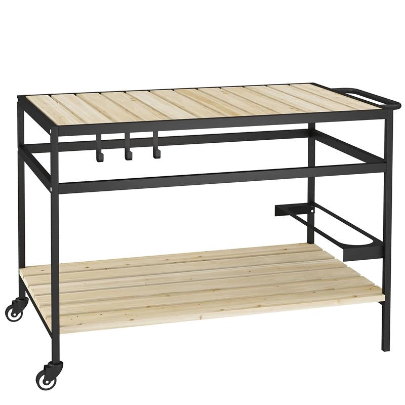CARRELLO PORTAVIVANDE DA GIARDINO IN LEGNO A DOGHE E ACCIAIO, RIPIANO E MANIGLIA, 107X65X80 CM