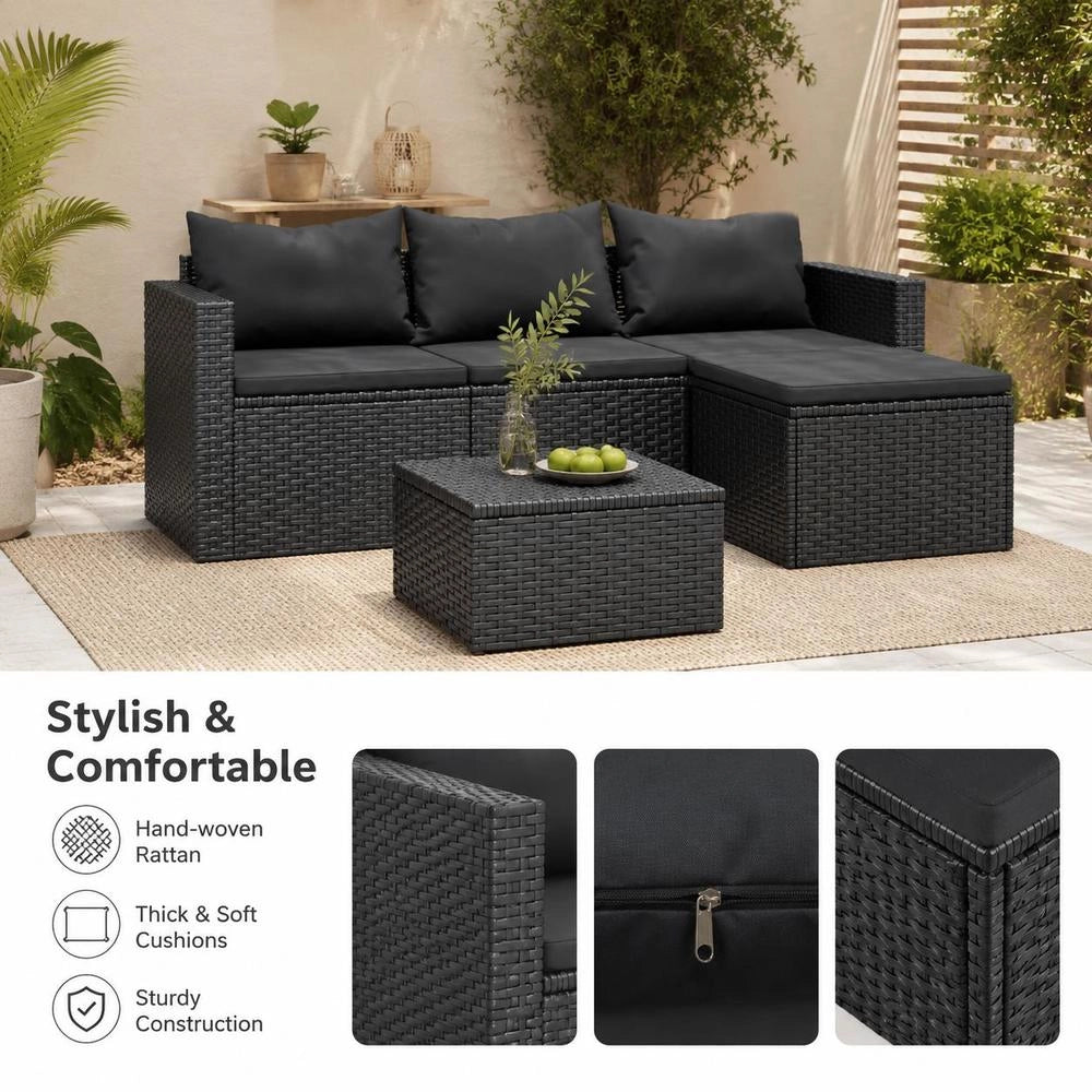 Garden Lounge Set Black Poly Rattan