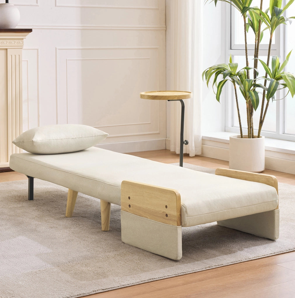 Poltrona letto trasformabile 3 in 1 beige con schienale regolabile e ripiano girevole