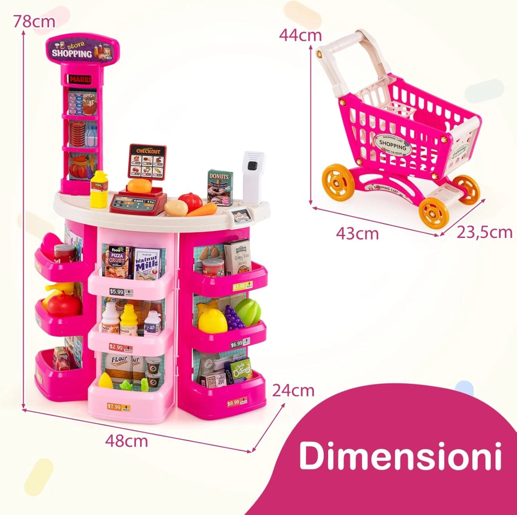 Cassa Gioco Supermercato per Bambini, Supermercato Giocattolo con Carrello della Spesa, Registratore di Cassa, Scanner, Luci e Suoni, Gioco di Ruolo con 29 Accessori (Rosa)