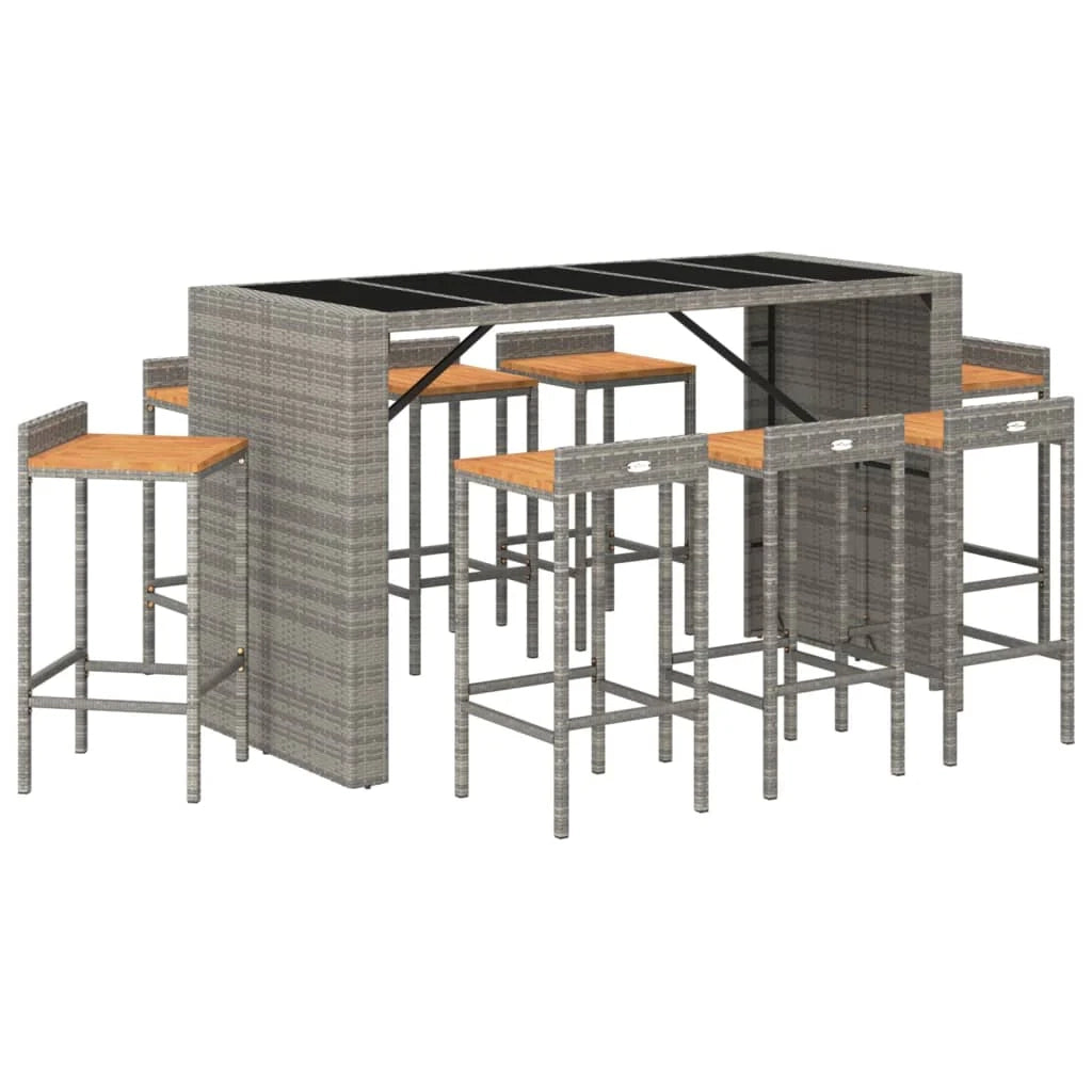 Set da bar da giardino da 9 pezzi mobili da esterno per patio polyrattan grigio/legno massello di acacia 02_0013493