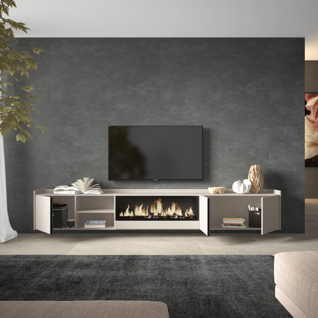 Mobile TV Soggiorno, 315x50x35 cm, Per TV fino a 80", Camino elettrico XXL, Sospeso, da appendere, Beige