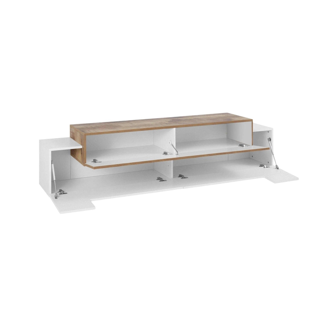 Mobile da soggiorno Porta Arold, Made in Italy, Supporto per Arold da salotto a 3 ante e ripiani, cm 200x45h52, Bianco lucido e Acero
