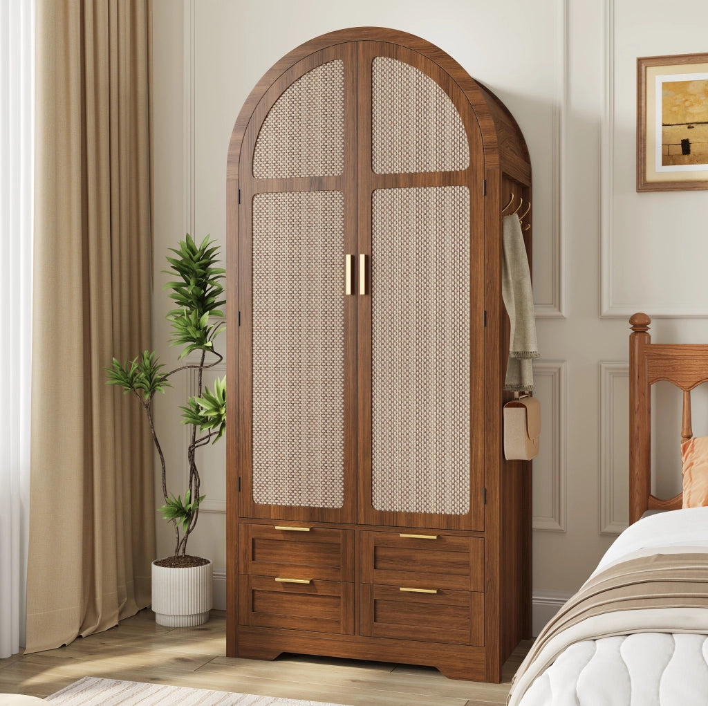 Armadio 80x50x179 cm con ante curve e pannelli in rattan; in MDF noce