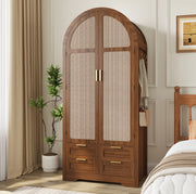 Armadio 80x50x179 cm con ante curve e pannelli in rattan; in MDF noce
