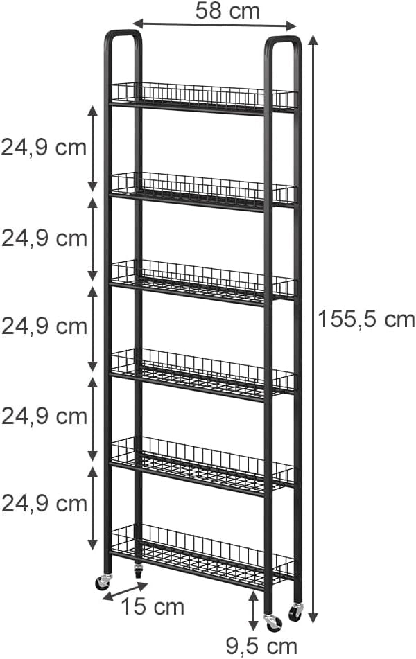 Piedistallo mobile Rolivo, Nero, 58 x 15 cm con 6 scomparti, posizionabile in modo flessibile su ruote per spazi stretti
