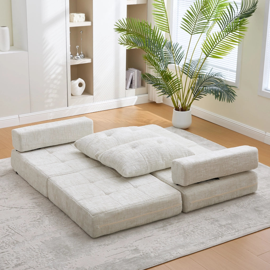 Divano Letto Pieghevole con Schienale e Cuscini per Testa e Lombare; in Ciniglia Beige; 79 × 79 × 57 cm