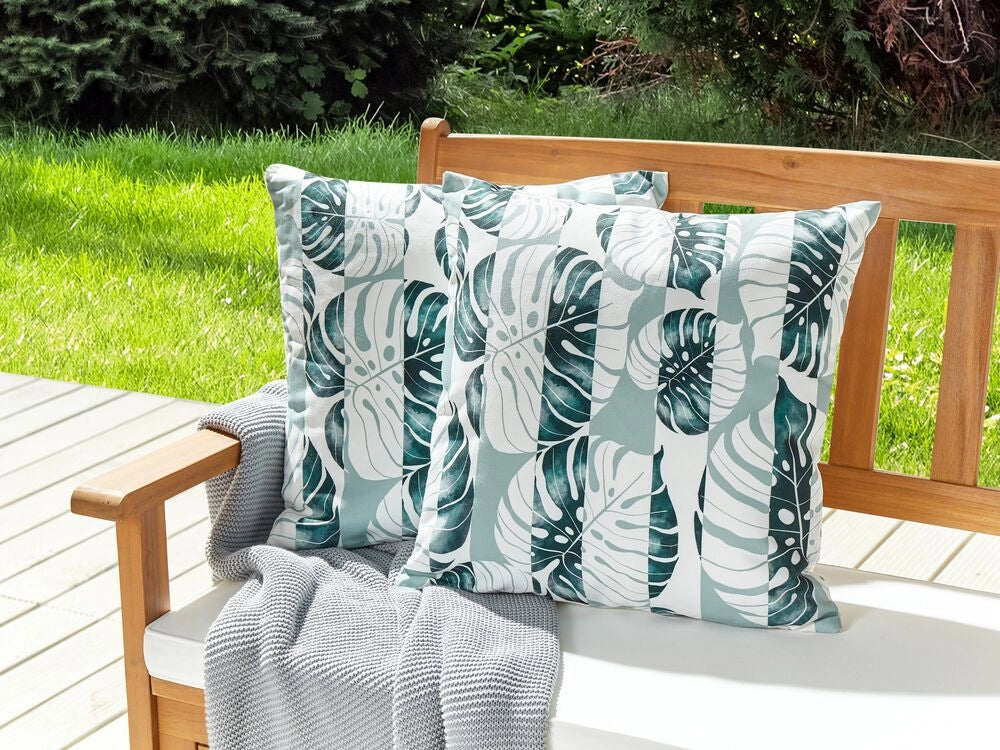 Set di 2 cuscini da giardino in tessuto di poliestere verde con motivo a strisce e foglie  45 x 45 cm esterni giardino elegante