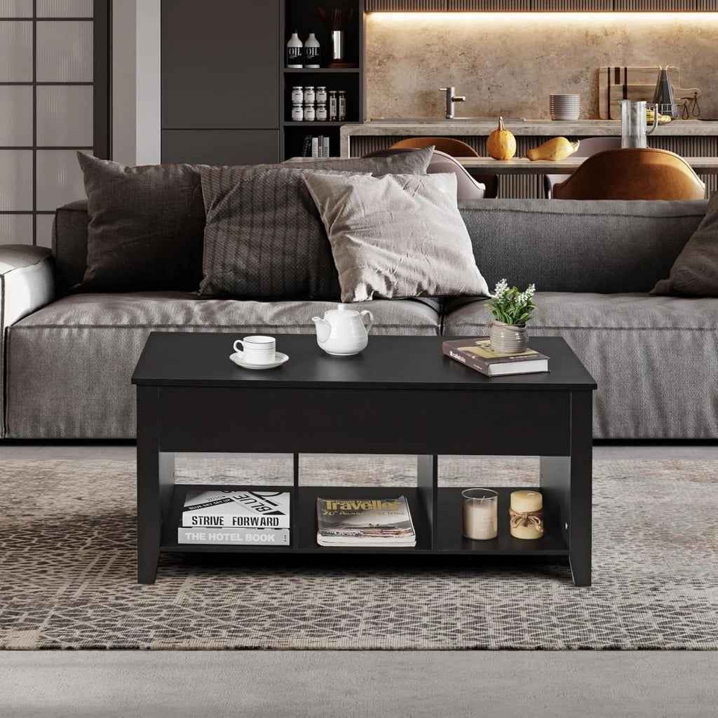 Tavolo da caffè con spazio nascosto e sollevabile, tavolo da pranzo e salone, con 3 spazi divisi, 104 x 49 x 48/62,5 cm per soggiorno e sala da pranzo (nero)