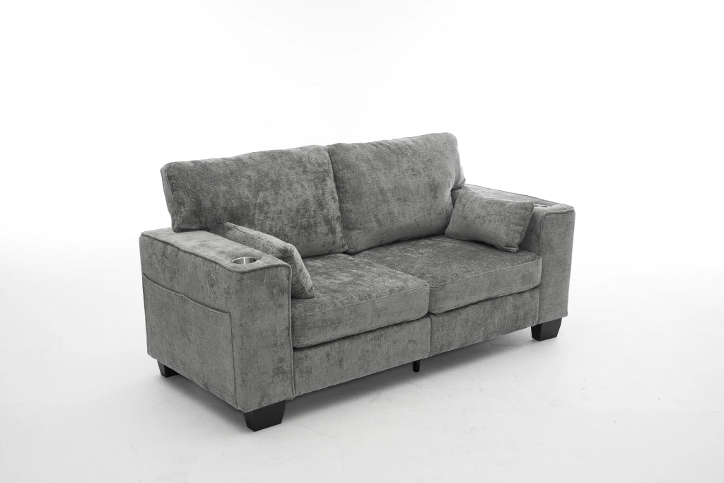 Divano 2 posti 182 cm in ciniglia grigio scuro con portabicchieri e tasche laterali