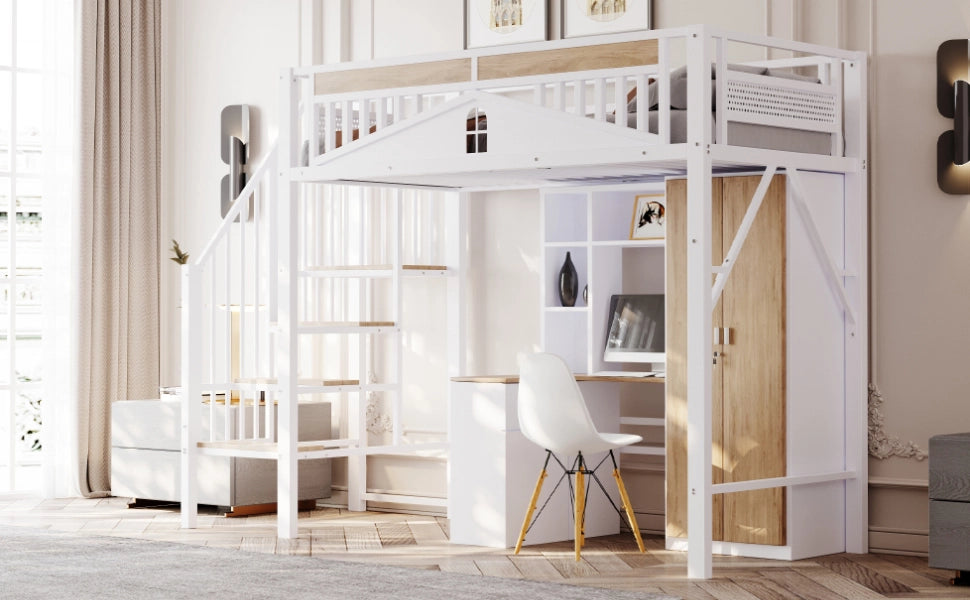 Letto a castello in metallo e legno bianco con recinzione di sicurezza e finestra 90x200 cm