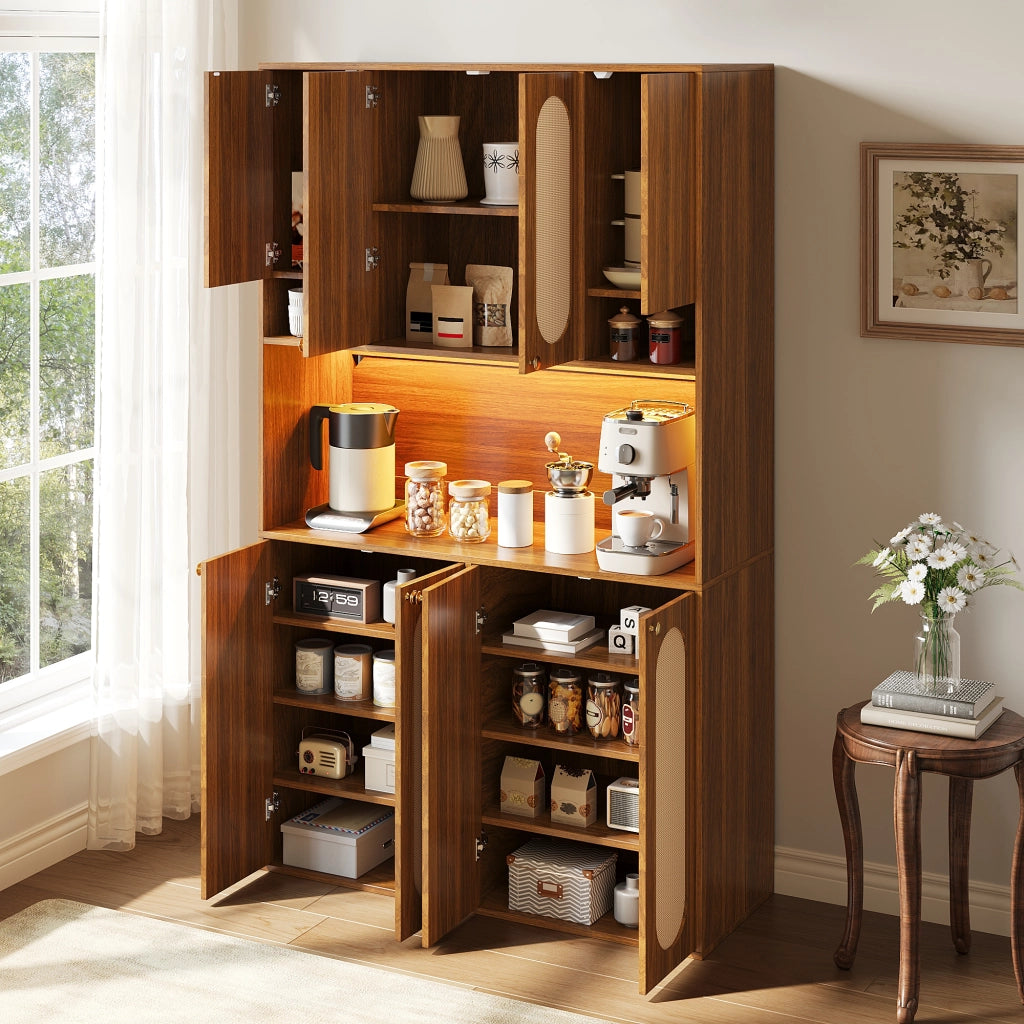 Credenza alta con 8 ante e LED, per sala da pranzo e soggiorno, in MDF e PE-rattan, naturale, 106 × 40 × 178 cm