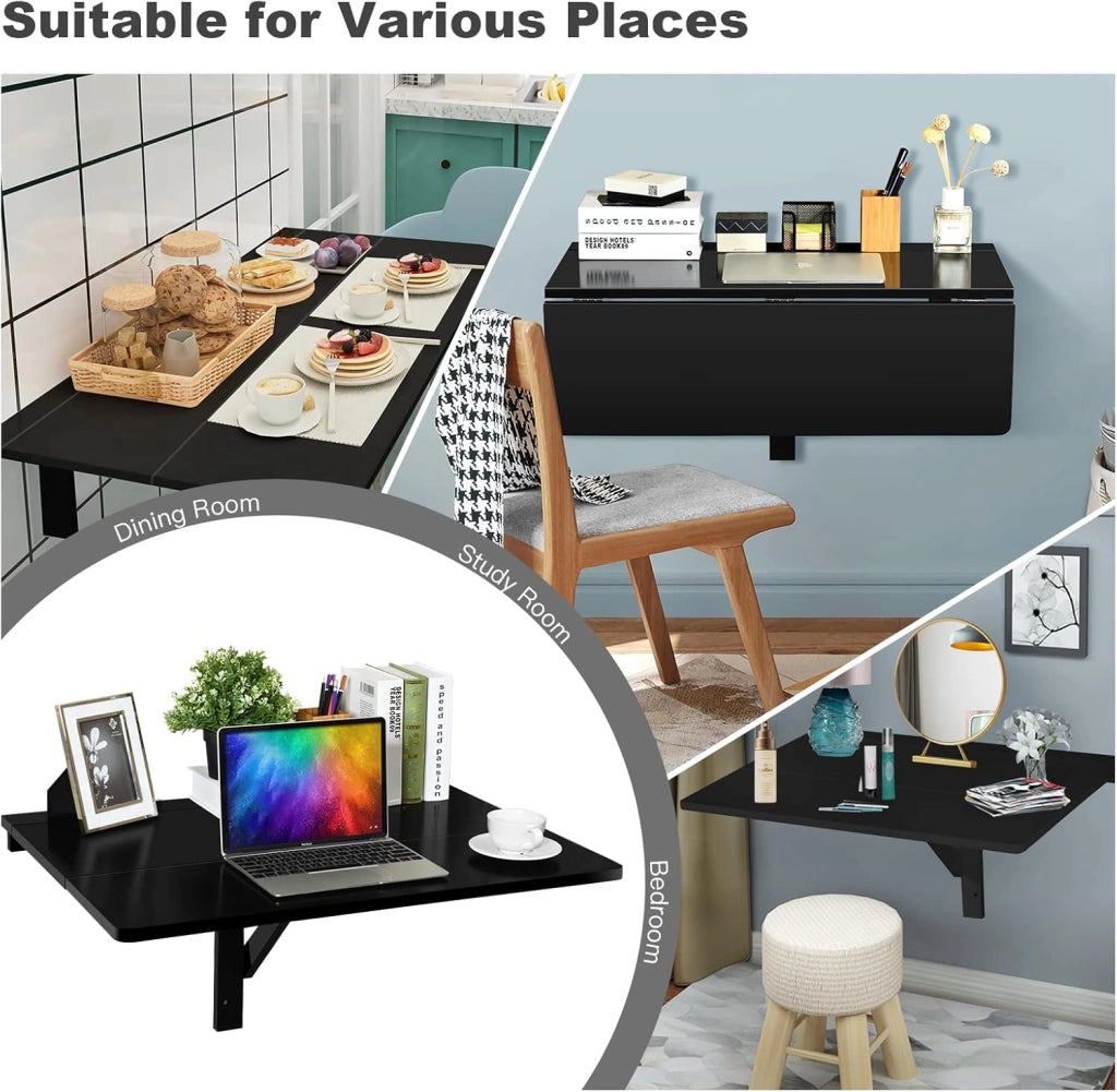 Tavolo Pieghevole a Muro, Piano Separato, Scrivanie Salvaspazio, Tavolino Pranzo in Legno, Supporto per Computer, Ideale per Camera e Appartamento, 80x60x45cm (Nero)