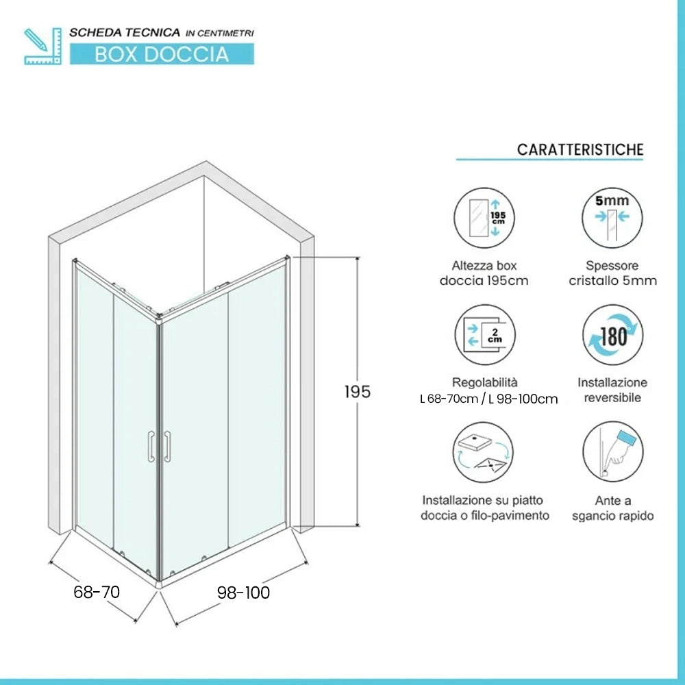 Box doccia angolare 70x100 in vetro temperato trasparente doppio scorrevole con profili neri Tay