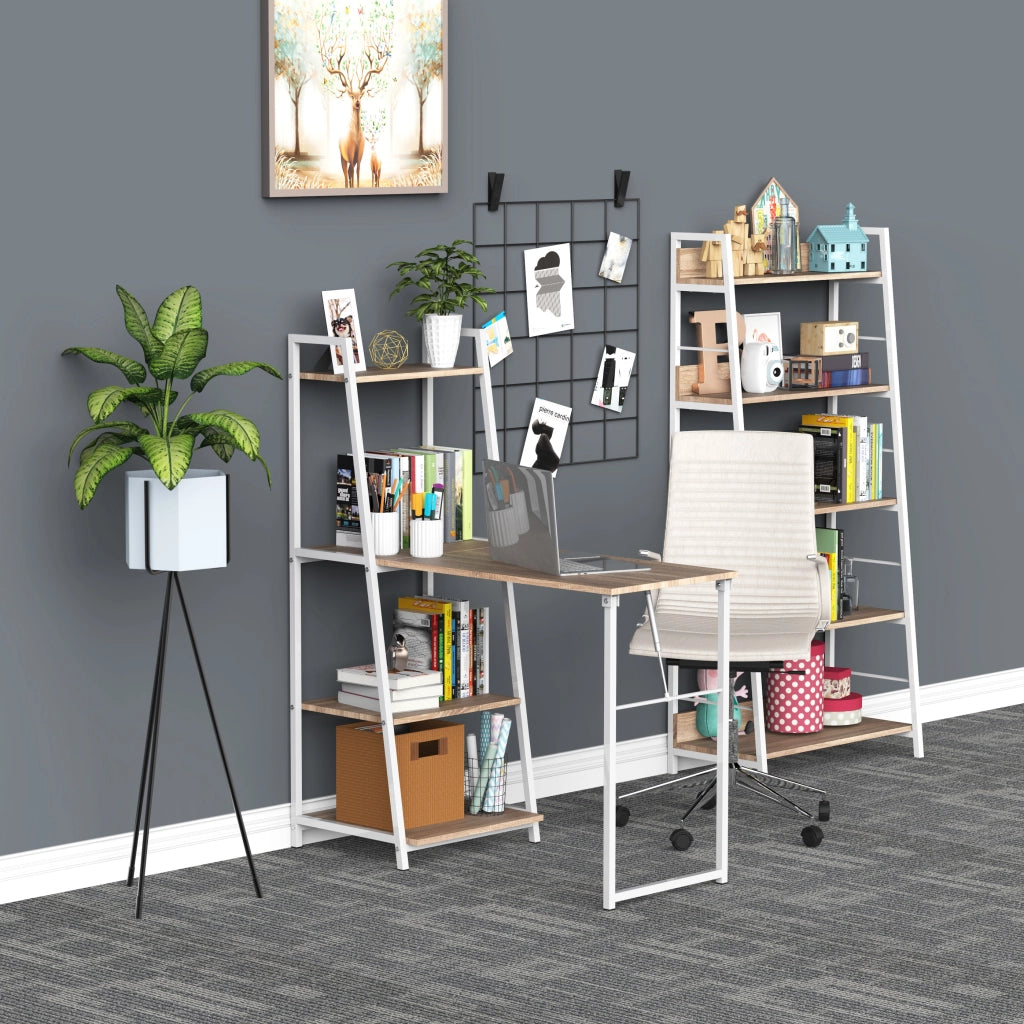 Scrivania Pieghevole con Libreria ¨C zephmum ¨C Legno Rovere Chiaro Metallo Bianco