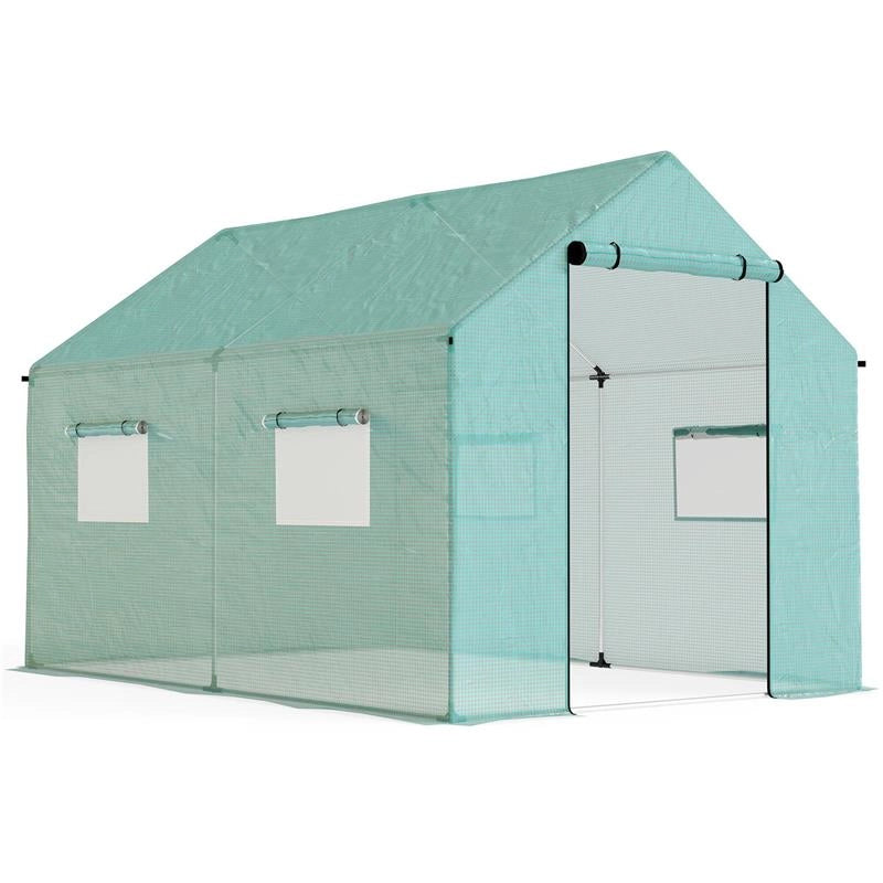 SERRA A TUNNEL 2X3X2 M CON PORTE E FINESTRE AVVOLGIBILI E TETTO A PUNTA, IN ACCIAIO E PE, VERDE