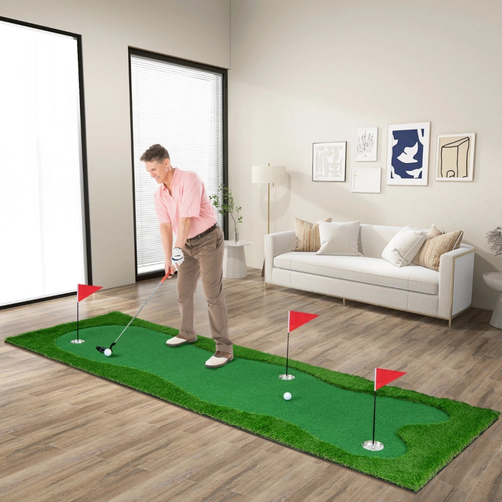 Campo da golf per l'allenamento con erba artificiale realistica 3 buche 3 bandierine, Tappetino professionale 300x100cm-Golf