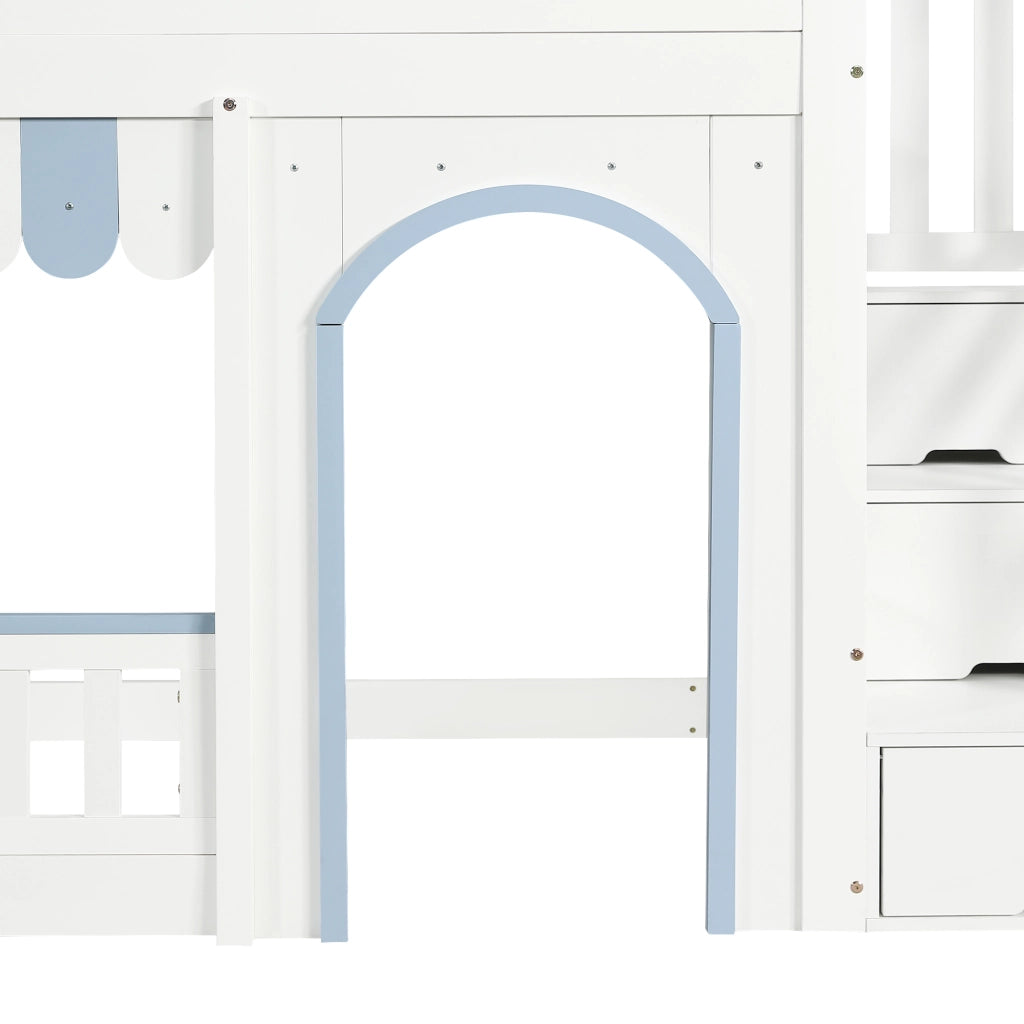 DESMIU Letto a castello per bambini 90 × 200 cm con scala contenitore, sponde di sicurezza, senza materasso, bianco blu