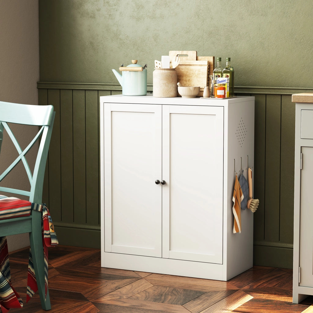 Mobile contenitore con 2 ripiani regolabili e ganci, per cucina e bagno, in metallo bianco, 88 × 70 × 35 cm