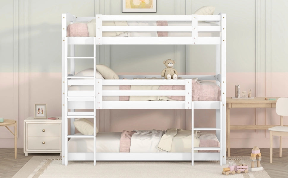 DESMIU Letto a castello 3 posti 90 × 200 cm con 2 scale, senza materasso, in pino, bianco