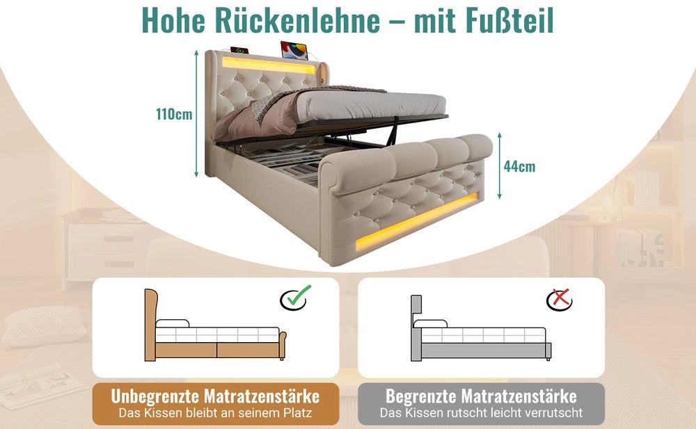 Letto Contenitore Singolo Imbottito con LED ¨C MINIMAL ¨C Velluto Beige, Testiera USB, Idraulico, 90x200 con materasso