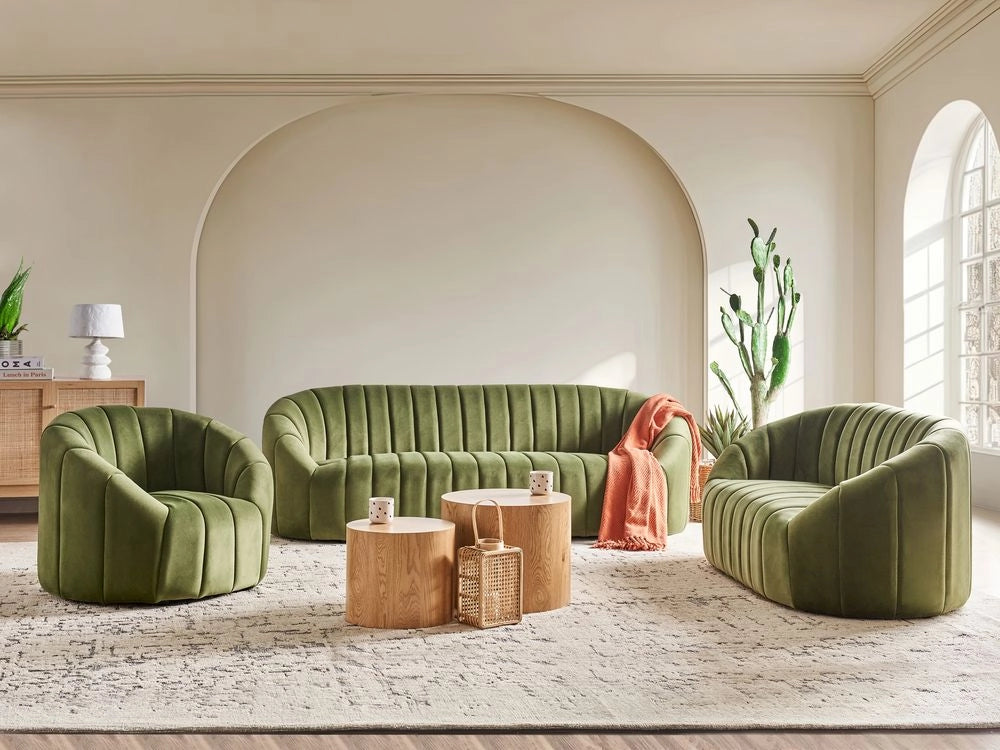 Set di divani a 6 posti in velluto verde scuro Soggiorno contemporaneo Design retrò Seduta imbottita Schienale basso