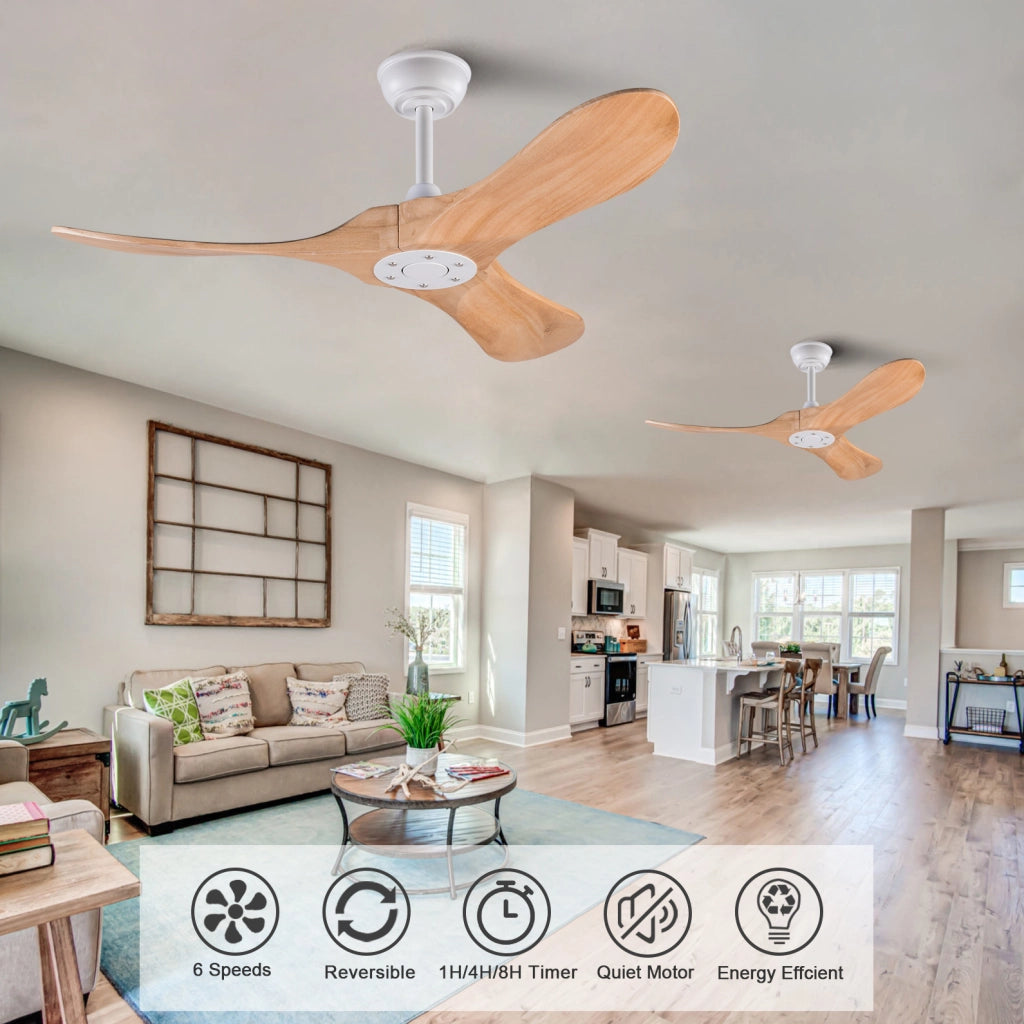 Ventilatore da soffitto in legno con telecomando; motore DC silenzioso; 6 velocità; bianco e naturale