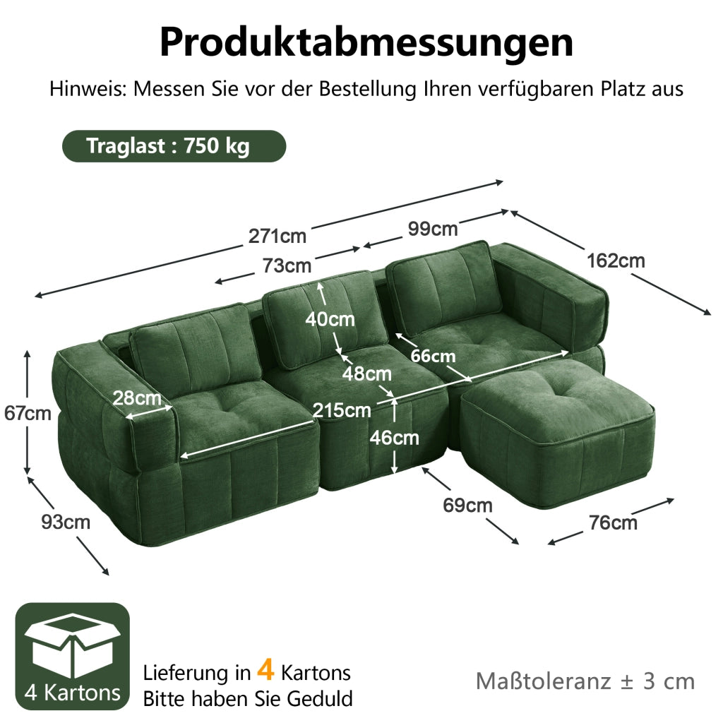 Divano angolare modulare 3 posti con pouf, design senza struttura, in poliestere verde, per soggiorno, 271 × 162 × 67 cm