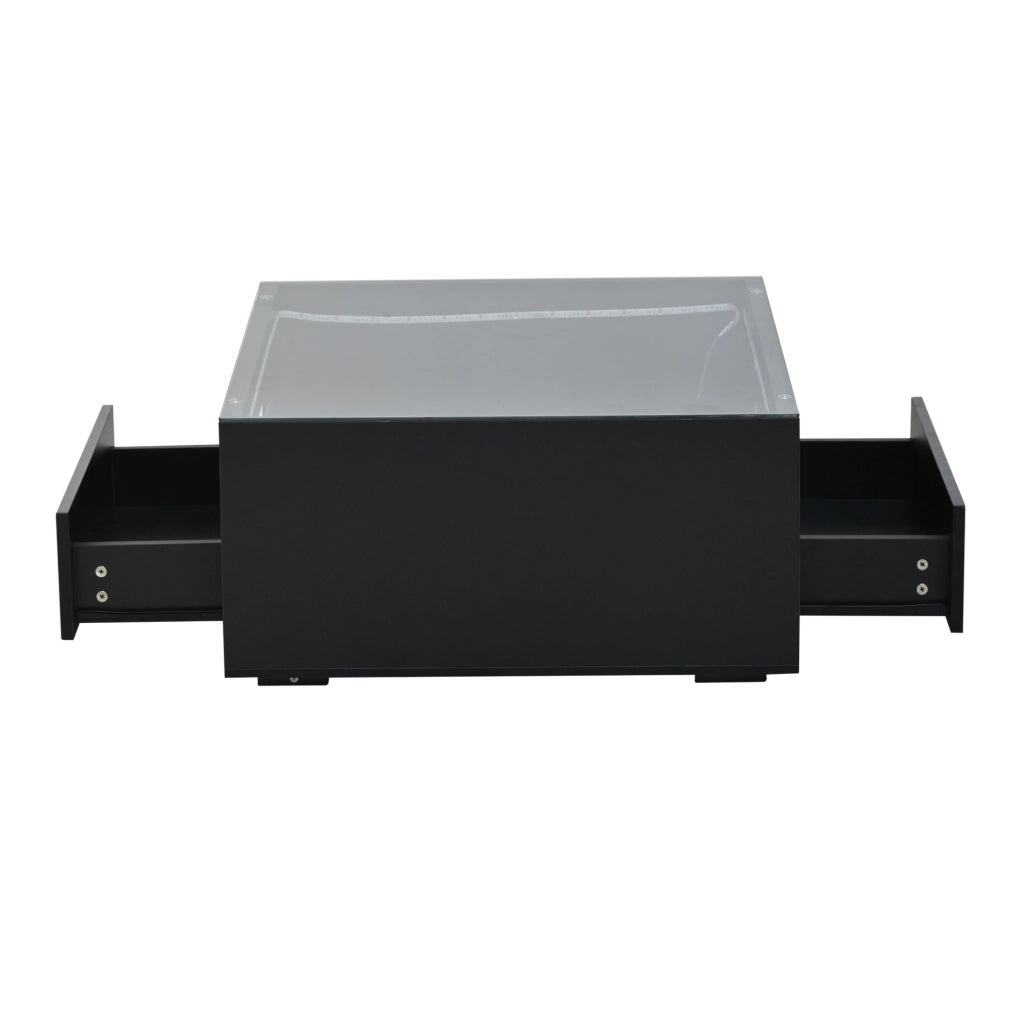 Tavolino da caffè 70x70x35 cm; 2 cassetti con LED; MDF e vetro temperato nero