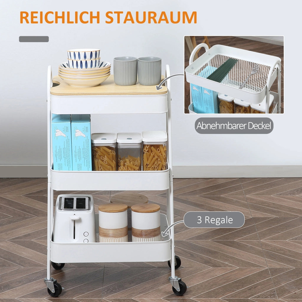 Carrello da cucina con 3 cestelli e coperchio; 4 ruote con freno; per cucina e ufficio; 45 × 31 × 79;4 cm