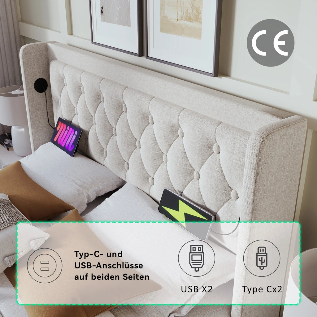 OKWISH Letto Contenitore 160×200 cm, Letto Matrimoniale con USB, Tipo C, LED Regolabile e Testiera Imbottita, senza Materasso, Cotone, Beige