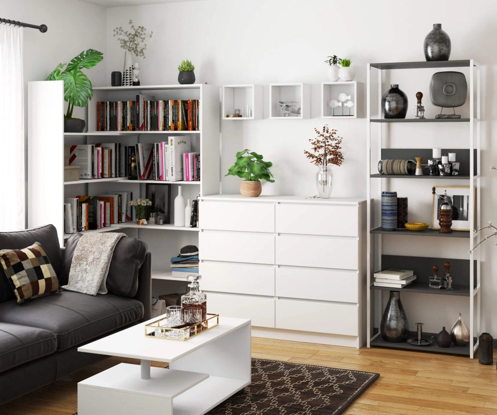 Scaffale stilo loft con ripiani in legno 70 cm Bianca 70 cm inserto frontale Grigio 70x32x192 cm