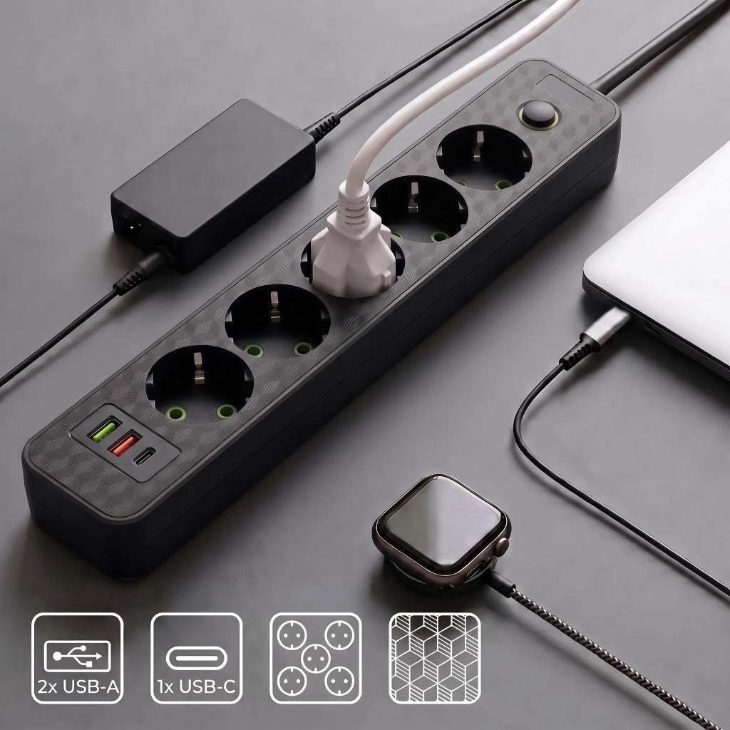 Multipresa Con Prolunga, 5 Prese + 2x Usb-a + Usb-c Rea Jnh022-5a Black