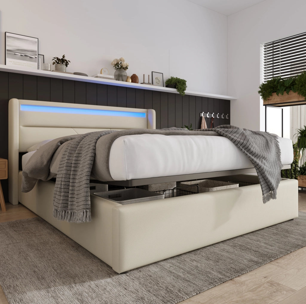 Letto imbottito 140x200 cm con LED e vano contenitore