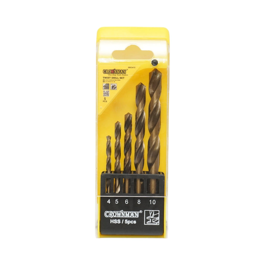Set di 5 punte elicoidali HSS 4-10 mm DIN 338 con gambo cilindrico per metallo Crownman