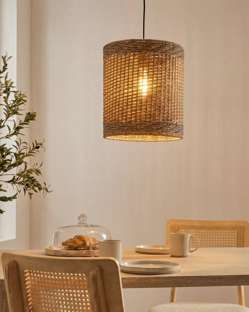 Lampadario con paralume in corda di carta naturale stile elegante soggiorno salotto