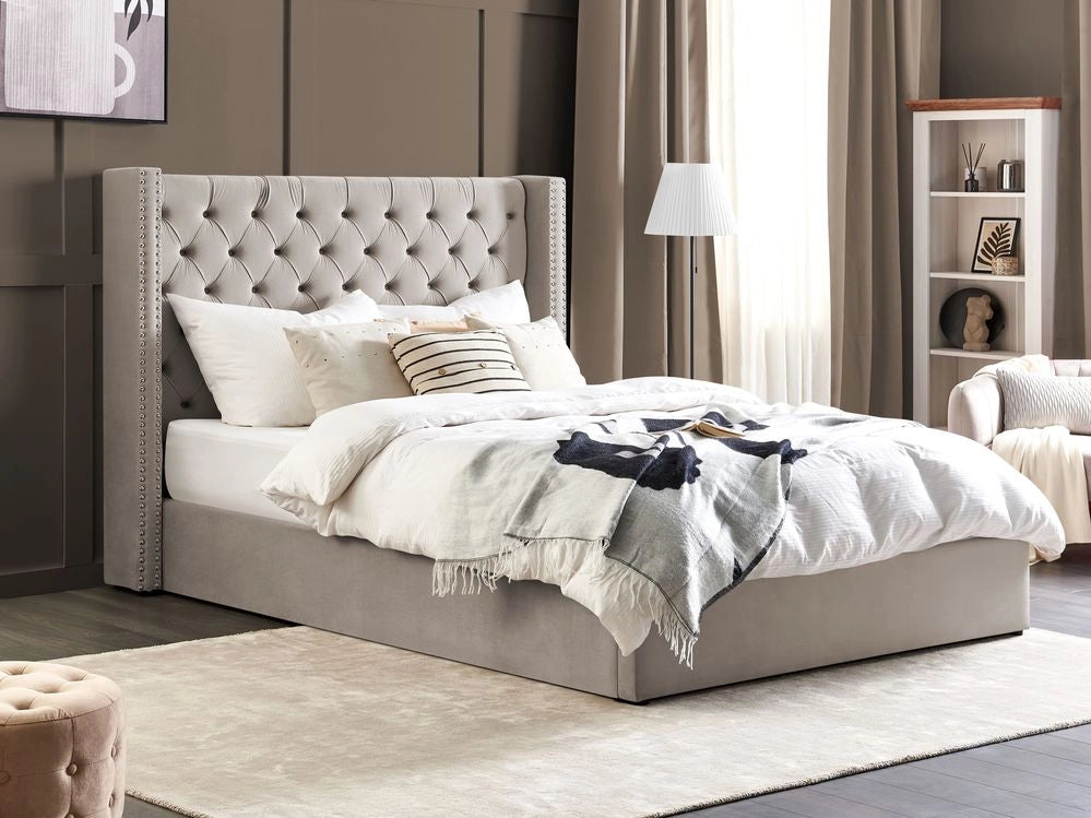 Letto contenitore velluto grigio chiaro e argento 180 x 200 cm glamour elegante