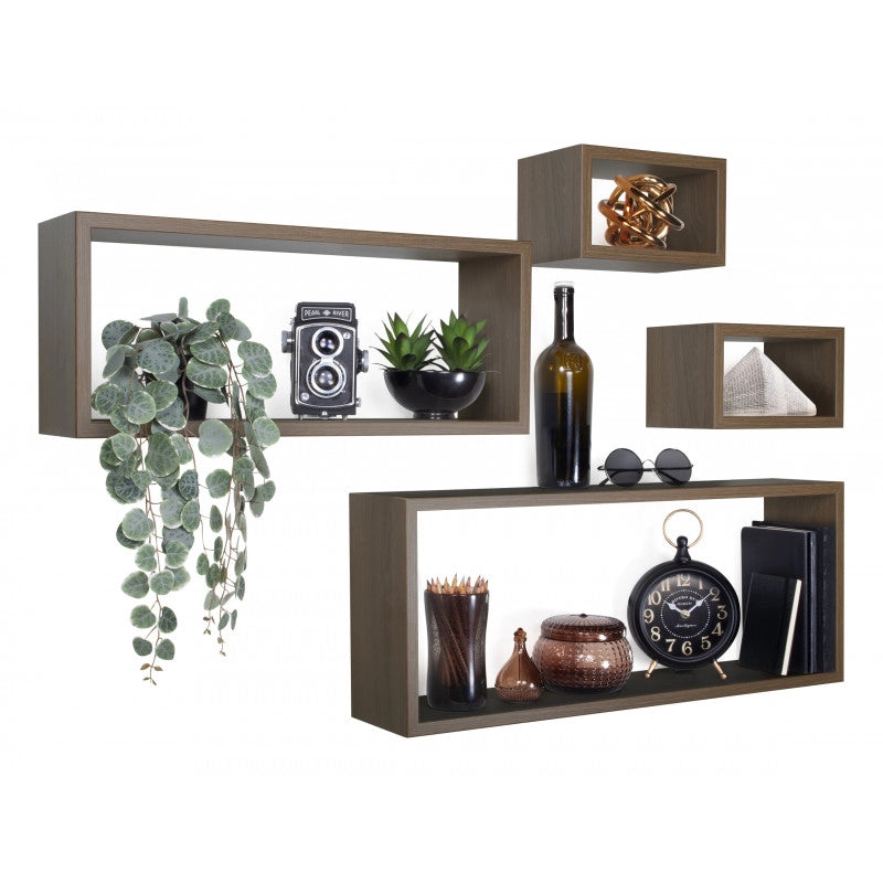 Set 4 Mensole da Muro, Pensile Bagno, Mensola Parete, Scaffale Parete, Rovere Tabacco, 75x30 p15,5 cm, 60x25 p15,5 cm e 2 da 25x15 p15,5 cm - Merlino