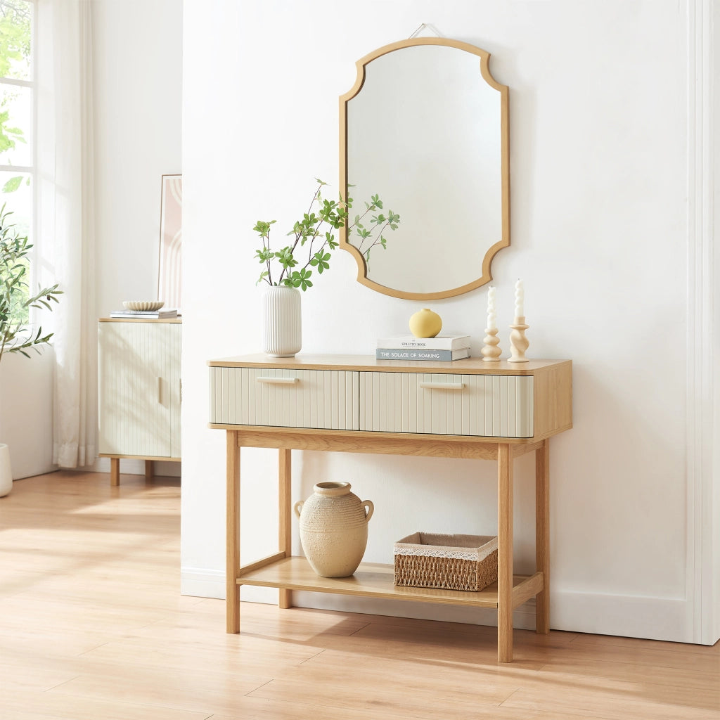 Tavolo a Consolle Ferrersp con 2 Cassetti e Ripiano 100 x 40 x 80 cm - Effetto Rovere / Avena Oatmeal [en.casa]
