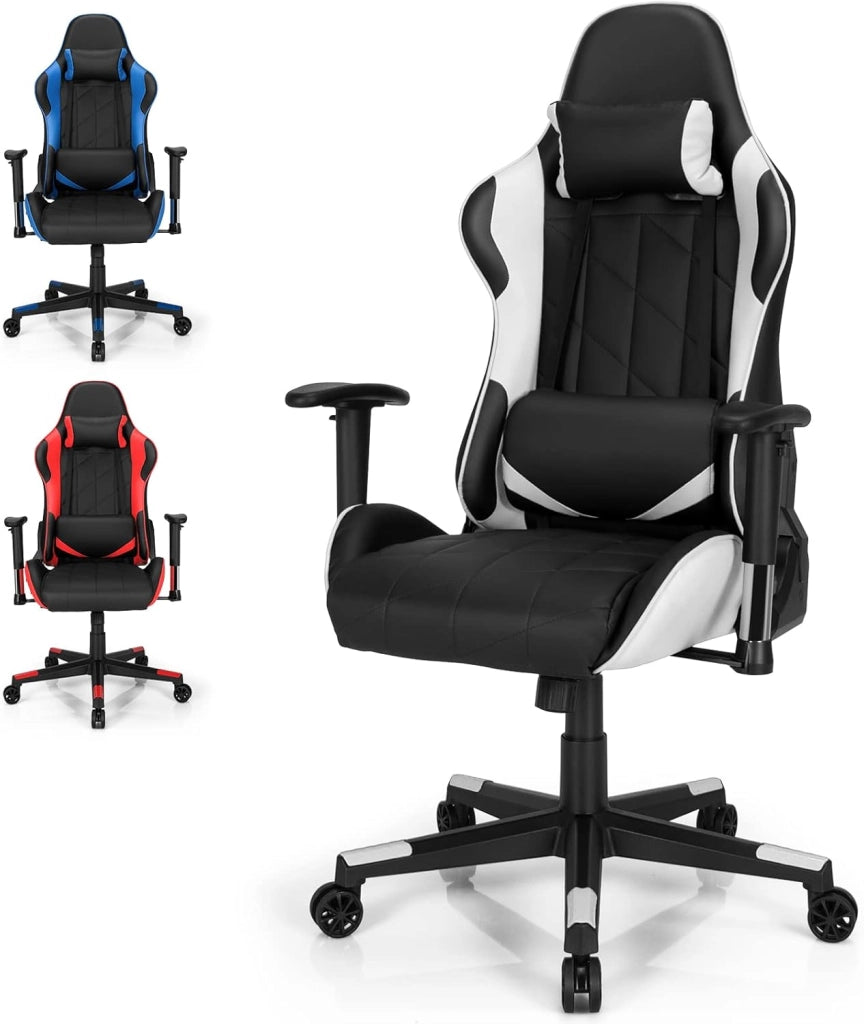 Sedia Gaming, Sedia Girevole con Regolabile Confortevole Supporto Poggiatesta e Lombare, Sedia Computer Comodo Materiale in Cotone di Alta Qualità, Carico di 150 kg, 3 Colori (bianco)