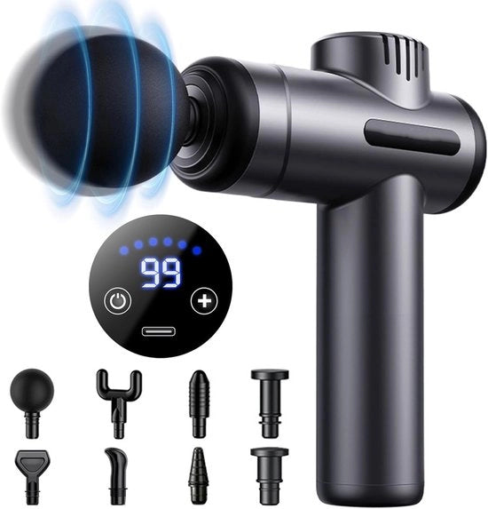 Pistolo per massaggi con 99 livelli di impostazione regolabili e 8 testine - display LCD e design silenzioso per alleviare la dolorabilità muscolare