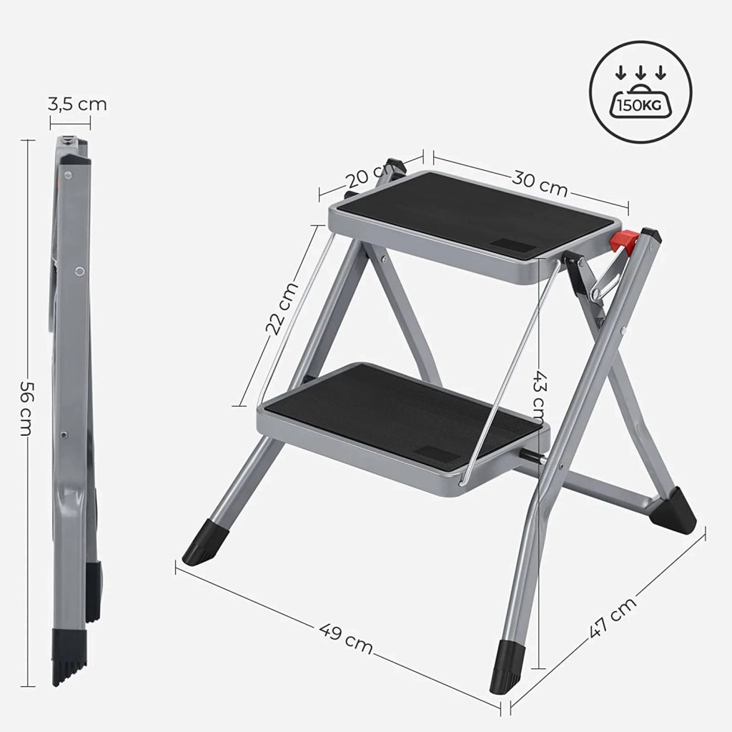 Sgabello pieghevole a 2 gradini larghezza gradino 20 cm gomma antiscivolo con maniglia portata 150 kg acciaio grigio 12_0005437