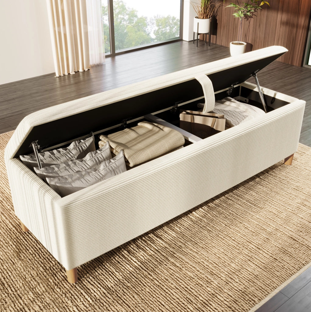 Letto 140x200 cm con contenitore e LED in legno e corduroy beige