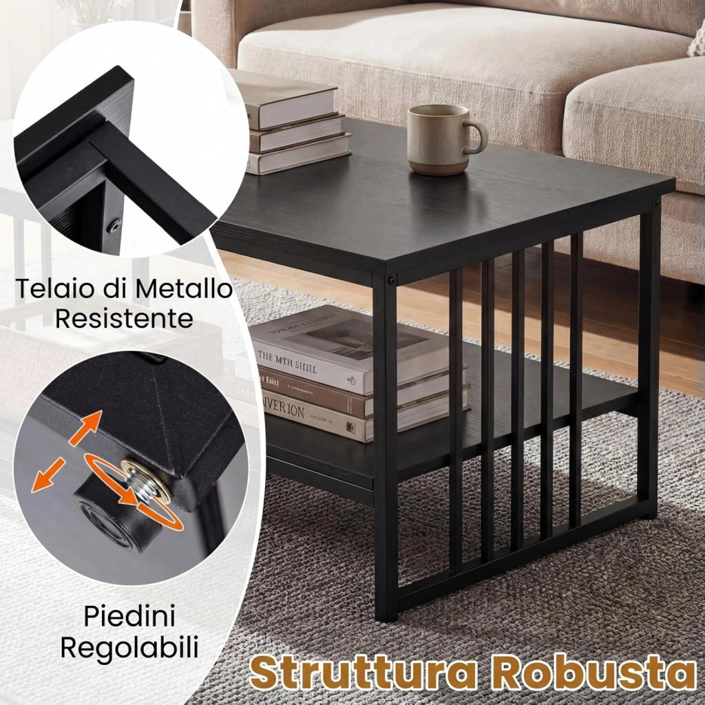 Tavolino da Caffè Rettangolare con 2 Ripiani Portaoggetti e Struttura in Metallo Resistente, Tavolo dallo Stile Moderno, Tavolino Cocktail per Soggiorno e Lounge, 110 x 60 x 45 cm (Nero)